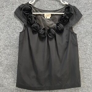 Kate Spade New York Black Rosette Scoop Neck Cap Sleeve Blouse Womens XS, Silk